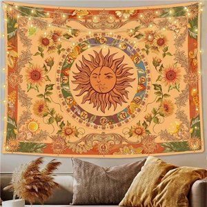 Yellow Sun and Moon Tapestry Vintage Indie Boho Tapestry Wall Hanging